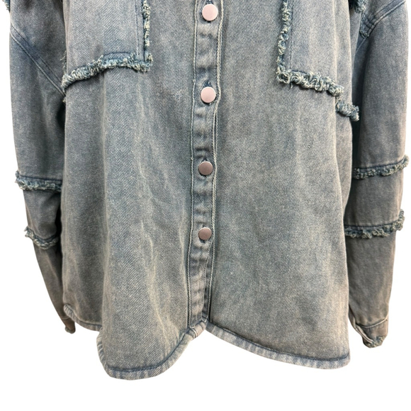 POL Frayed Denim Shacket Jacket Size L Blue Snap Front Distressed Western Style - Picture 3 of 10
